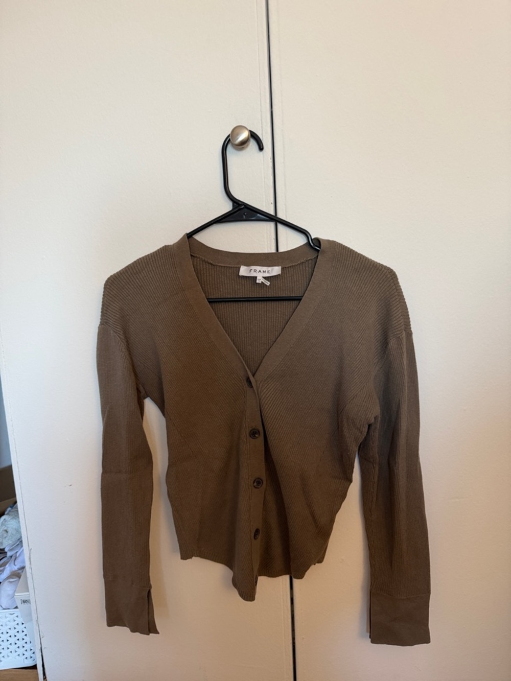 Frame Denim Olive-Brown Ribbed V-Neck Button Cardigan
